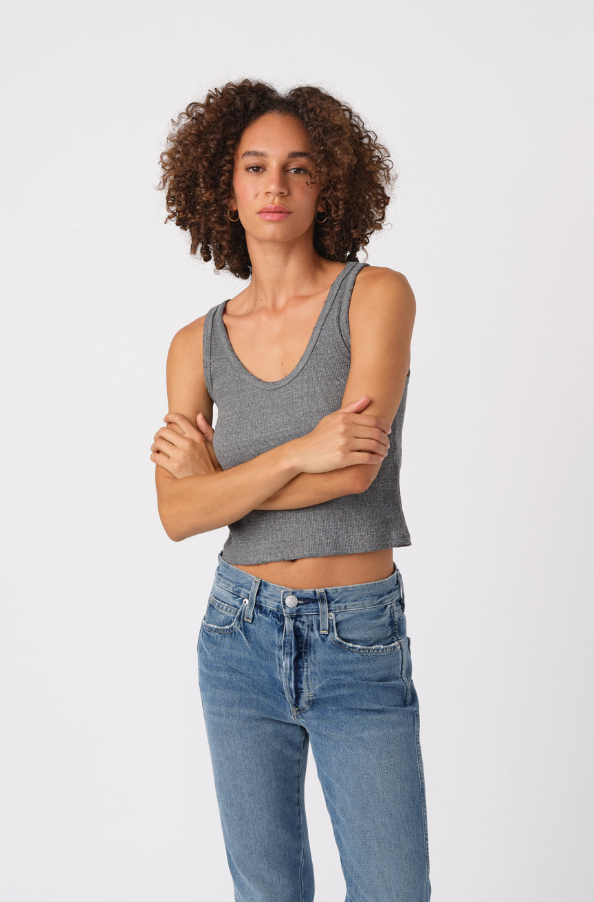 AMO Denim Crop Rib Tank in Heather Grey