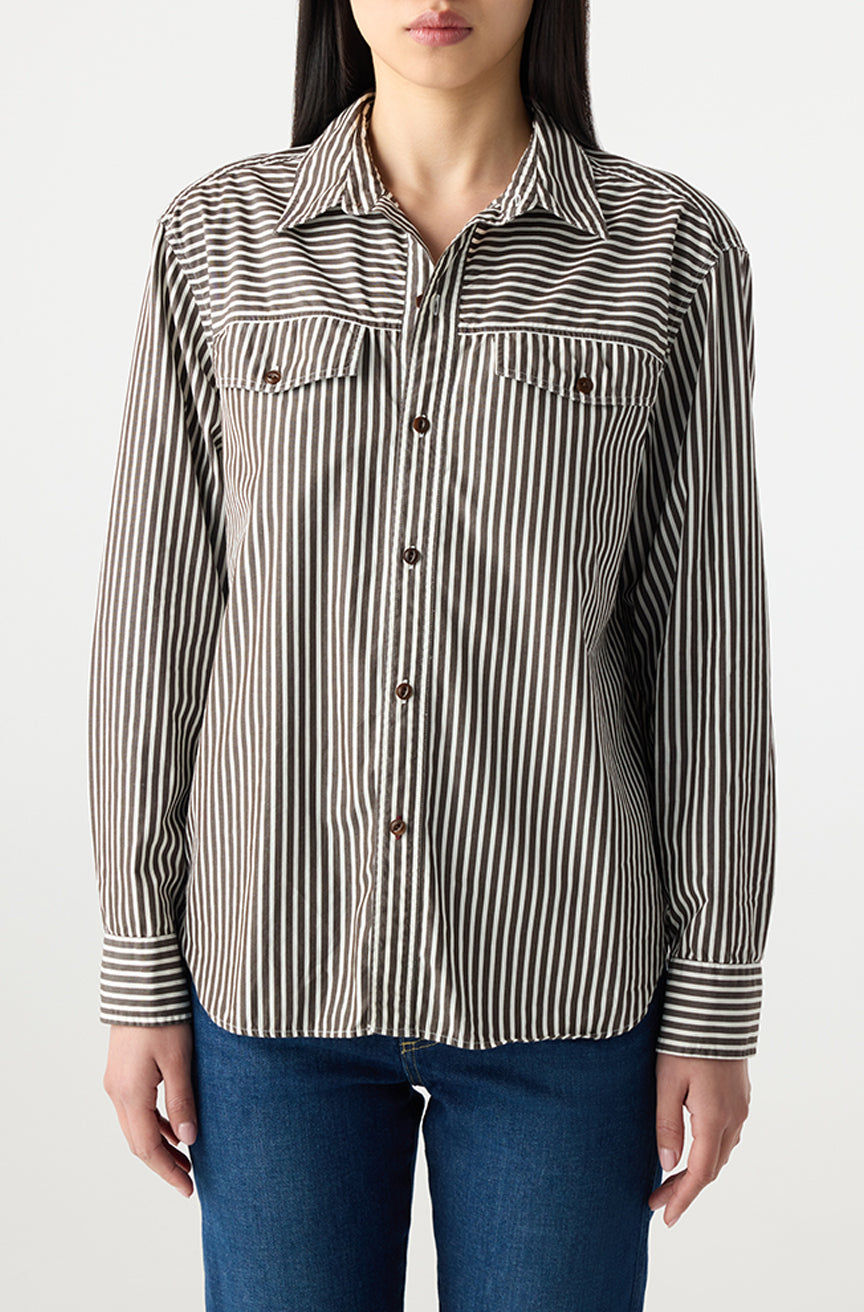 AMO Denim | Lauren Shirt in Mocha/Storm Stripe
