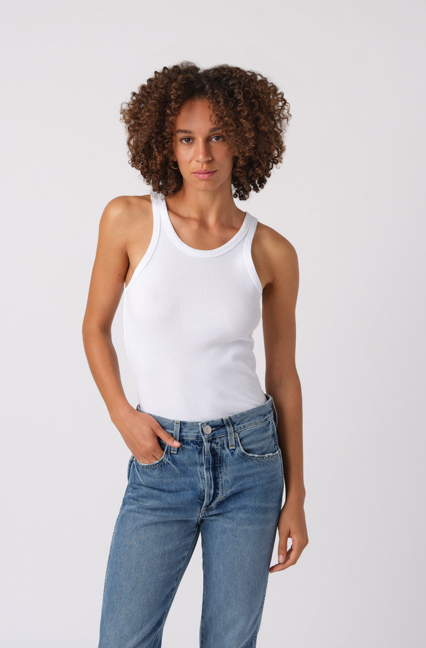 AMO Denim Long Rib Tank White
