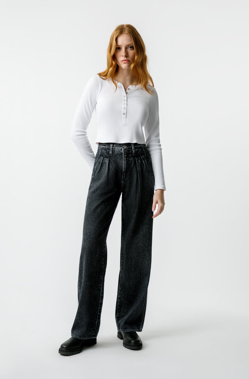 AMO Denim Marcelle Pleated Jean in Frosty Black
