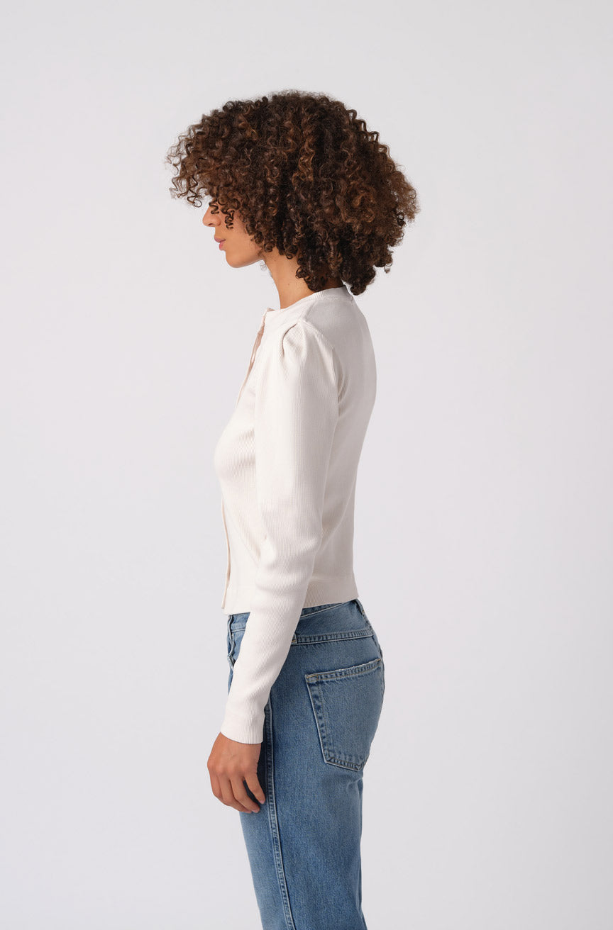 AMO Puff Sleeve Cardigan in Vintage White