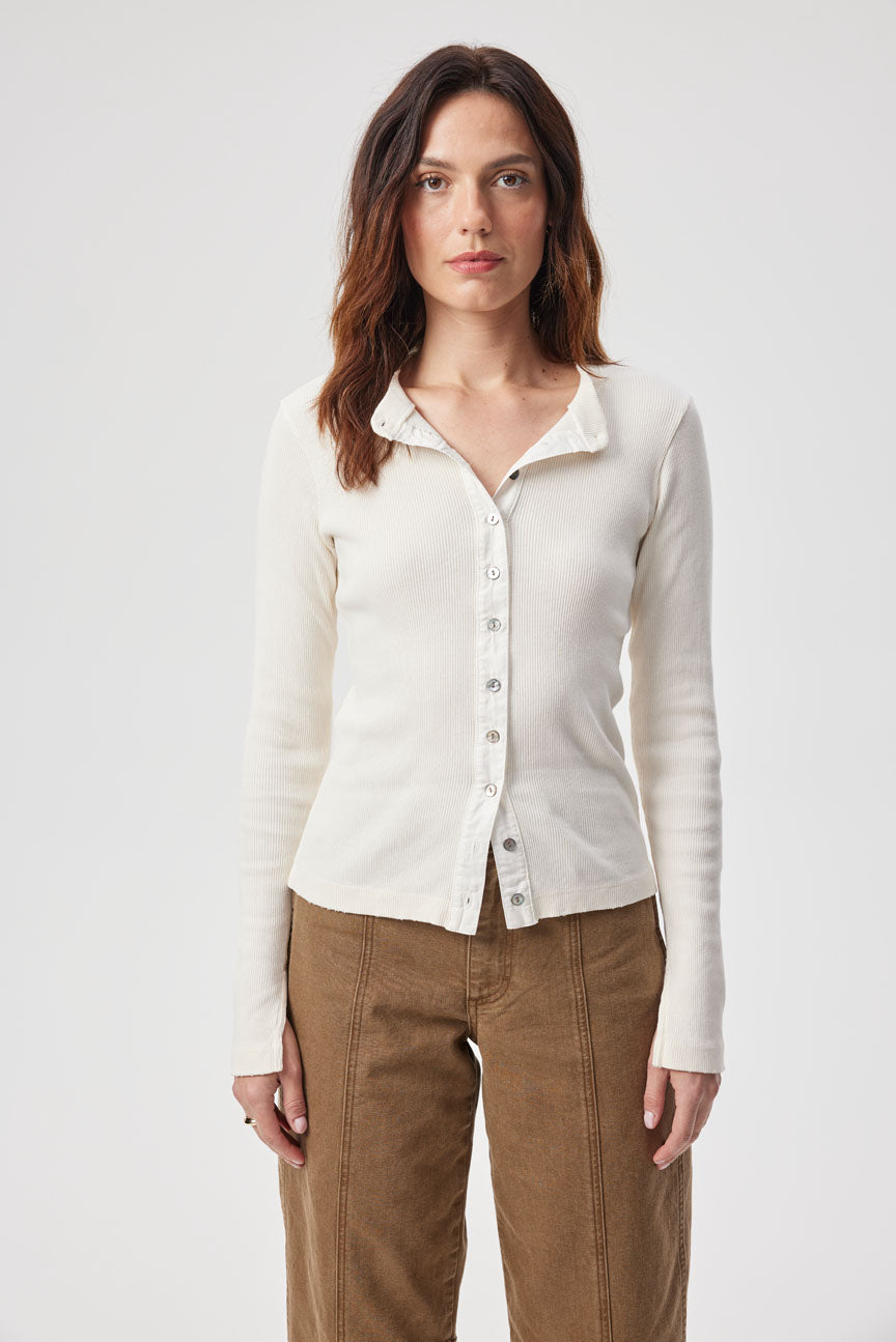 AMO Denim Lacy Rib Cardigan in Bone