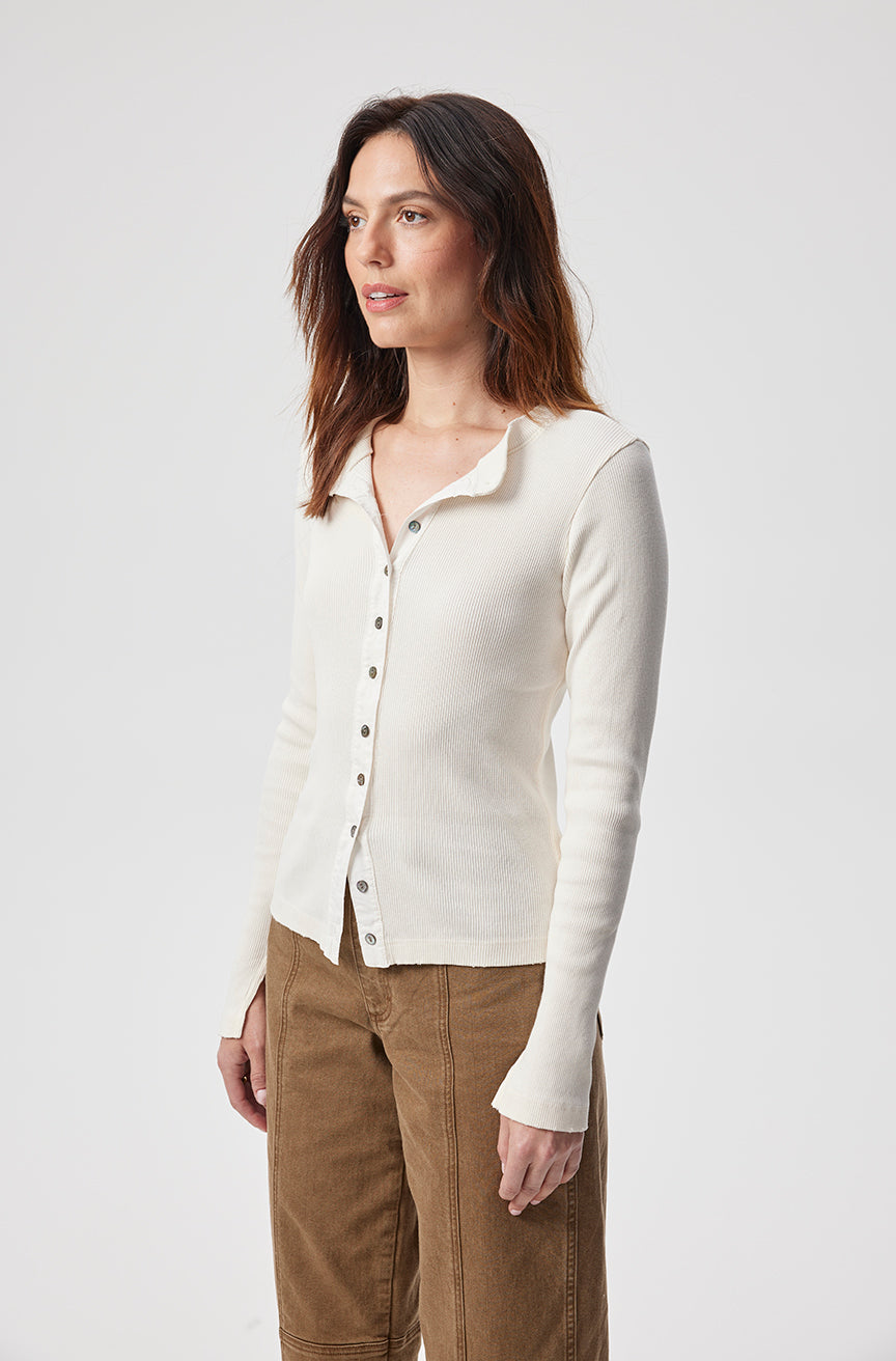 AMO Denim Lacy Rib Cardigan in Bone