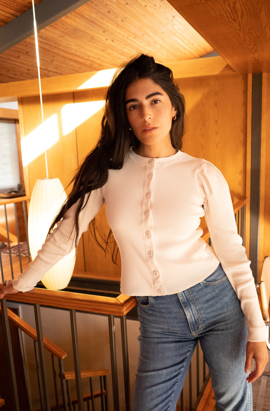 AMO Puff Sleeve Cardigan in Vintage White