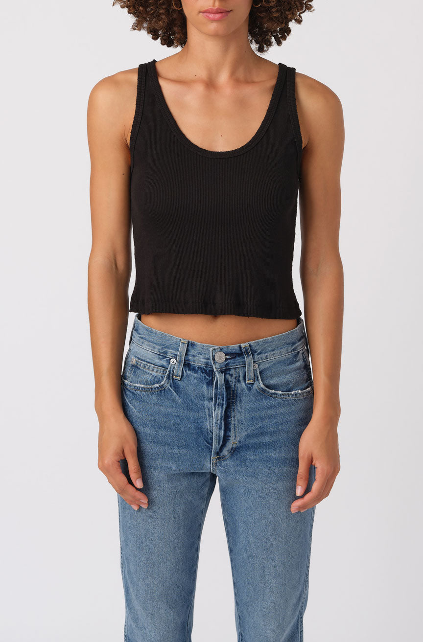 AMO Denim Crop Rib Tank in Black