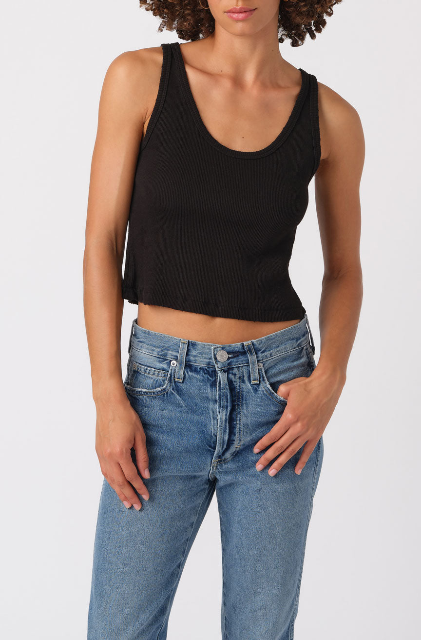 AMO Denim Crop Rib Tank in Black