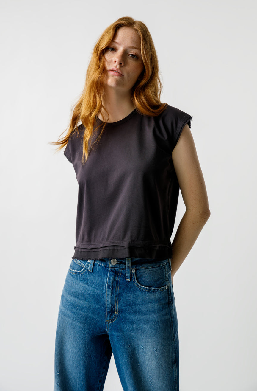 AMO Denim Feather Muscle Tee in Vintage Black