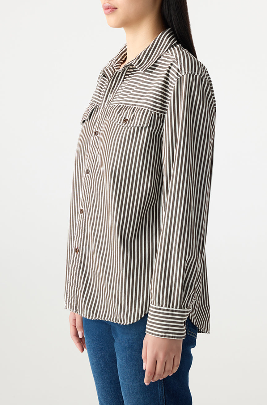 AMO Denim | Lauren Shirt in Mocha/Storm Stripe
