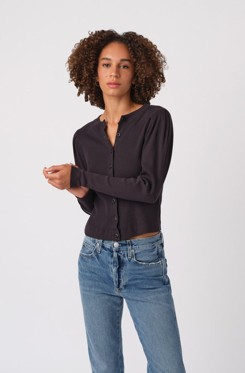 AMO Denim Puff Sleeve Cardigan in Vintage Black A M O