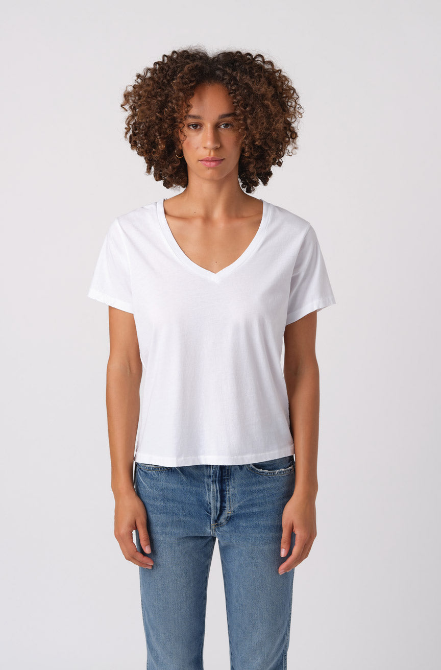 AMO Denim V-Neck Tee in White