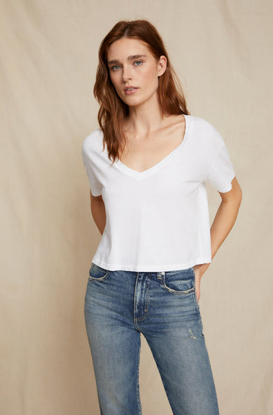 AMO Denim Cropped V Neck Tee in White