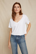 AMO Denim Cropped V Neck Tee in White