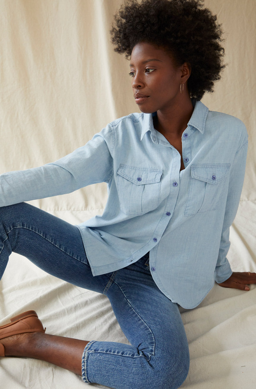 Patch Pocket Shirt Chambray - Size M - Organic Cotton - Essential Tops for Women - Amo Denim