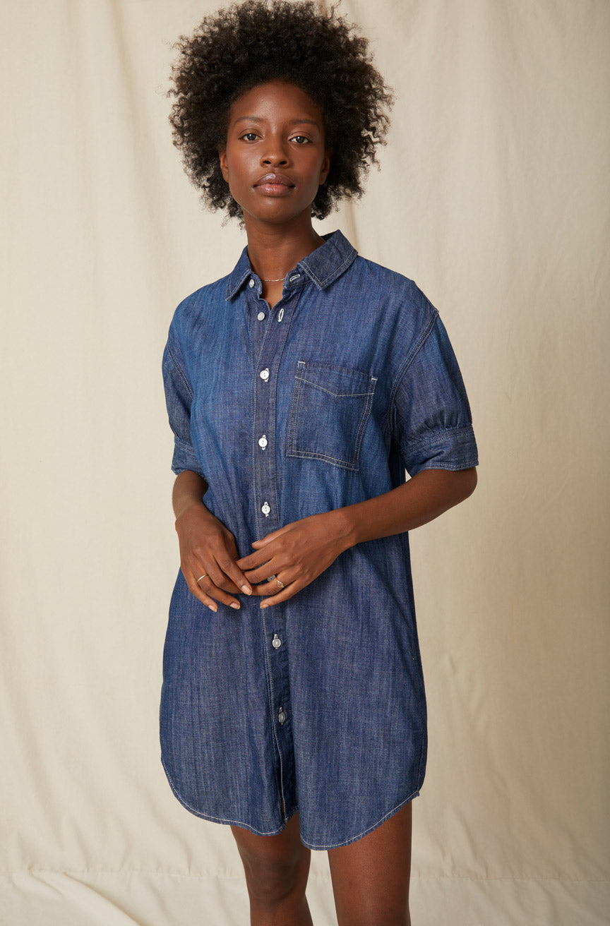 AMO Denim Military Shirt Dress in Dark Wash A M O