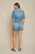 AMO Denim Skip Romper in Finder Keeper w/ Destroy