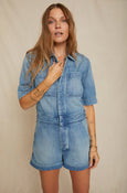 AMO Denim Skip Romper in Finder Keeper w/ Destroy