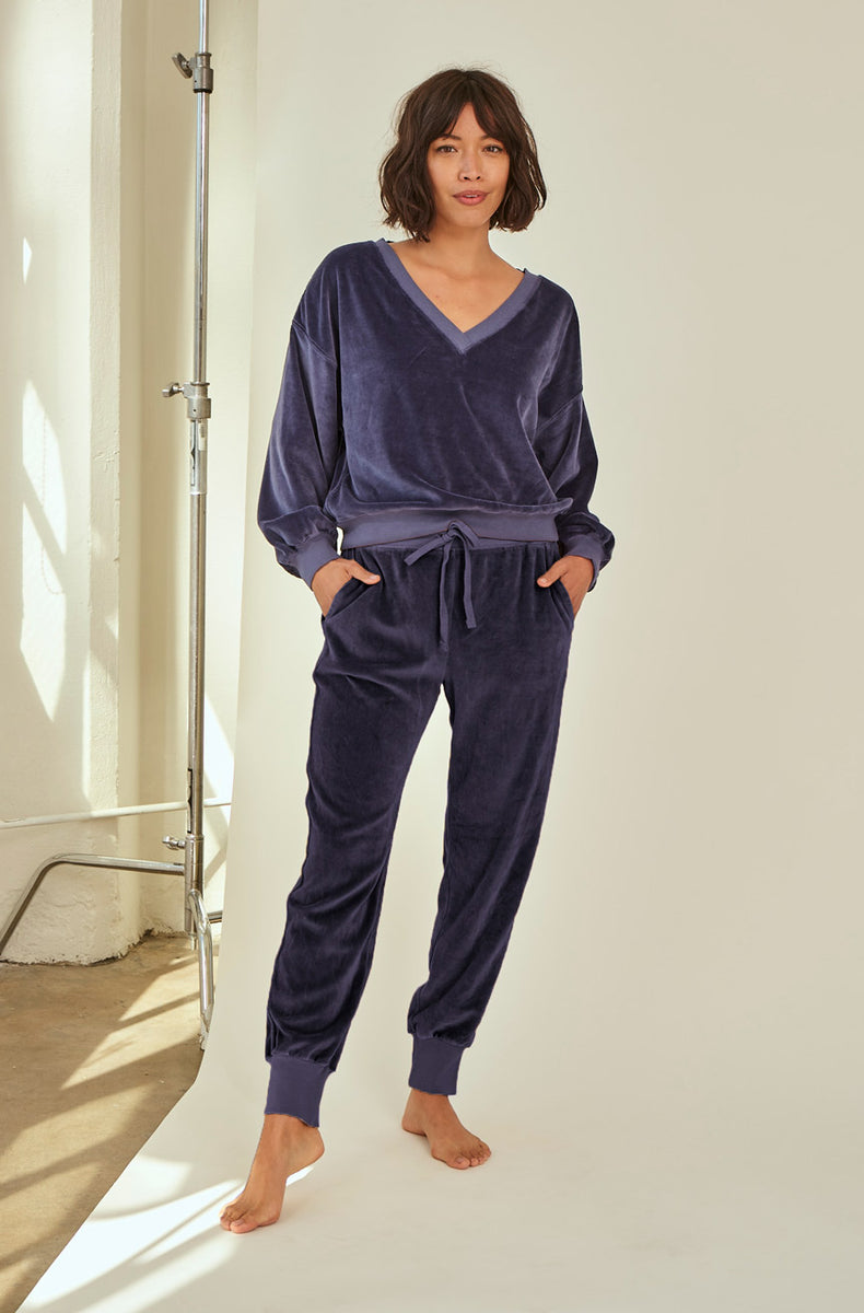 AMO Denim Velour V Neck Sweatshirt in Blue Moon A M O